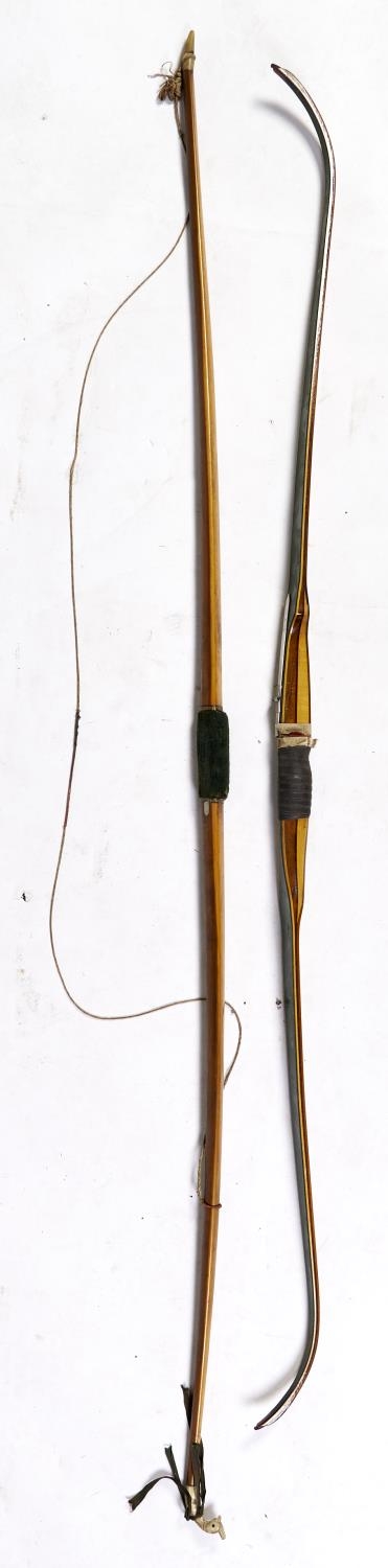 Two archer's bows, one 19th c, the other of later date and stamped stamped FOLBERTH Pat'd Sept 12