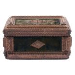 A tramp work and velvet covered wood box, late 19th / early 20th c, the front, back and lid