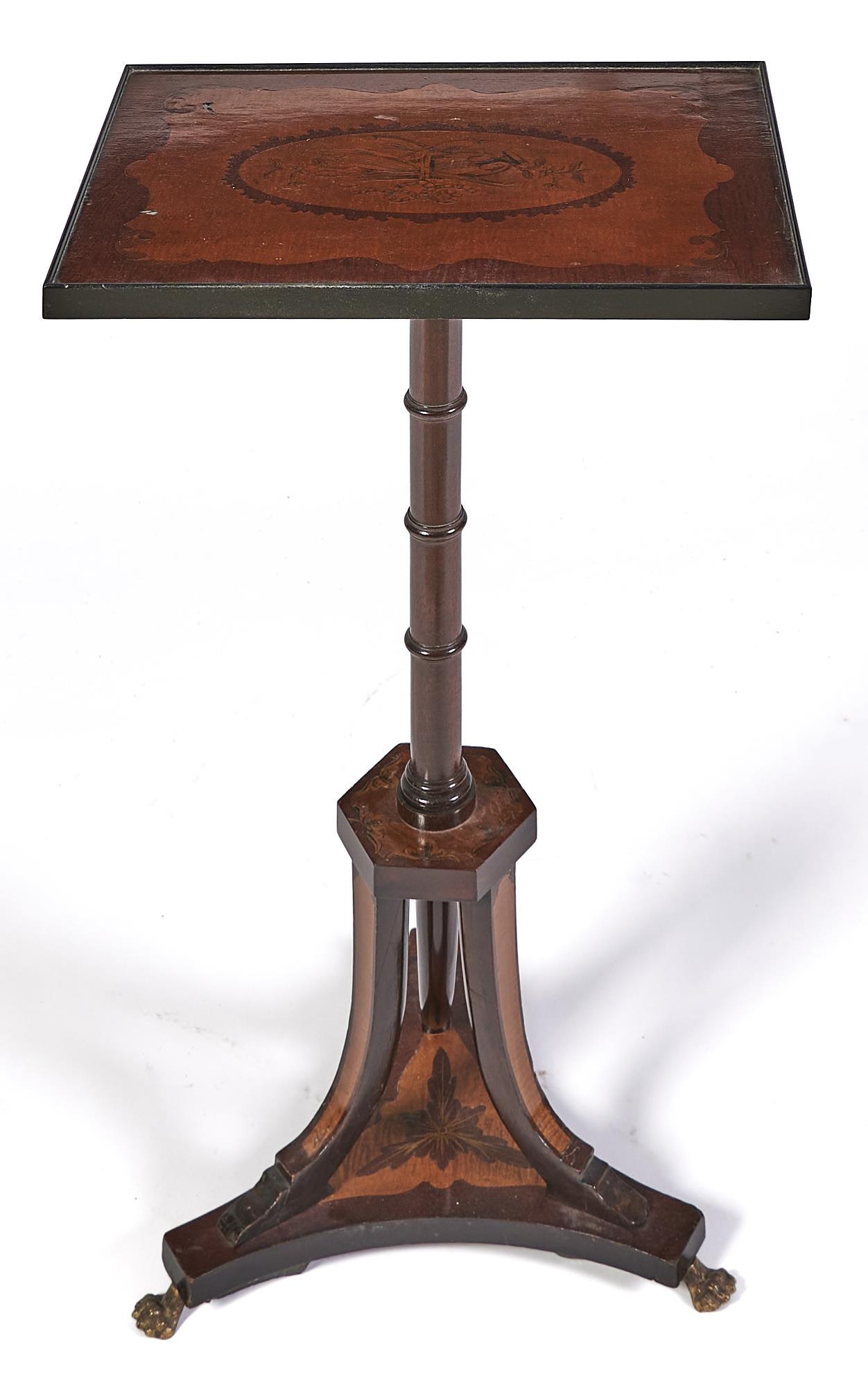 A mahogany, satinwood, inlaid and penwork stand, 19th/20th c, in Regency style, the rectangular