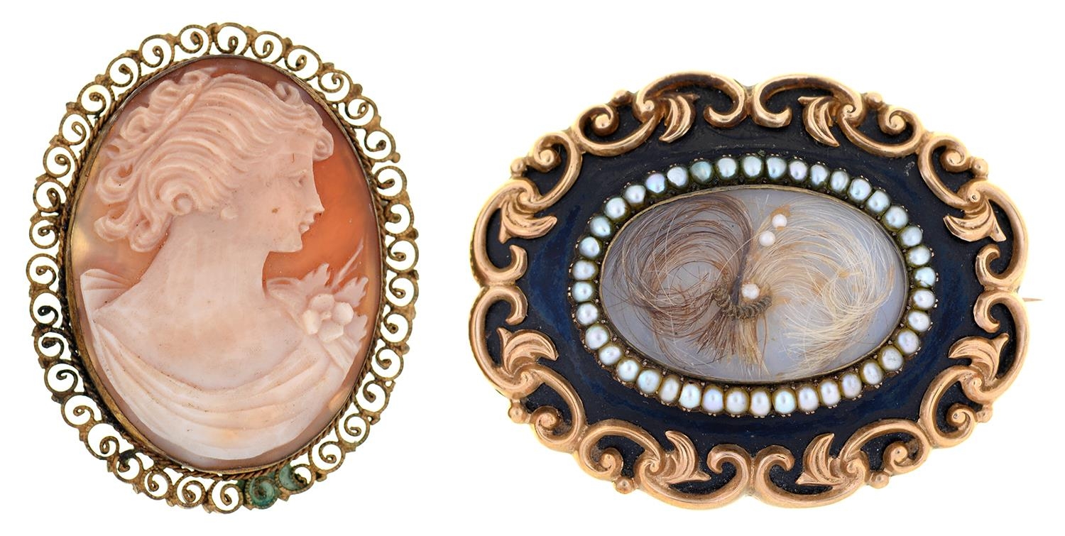 A Victorian split pearl, gold and enamel mourning brooch, inset hair, the reverse engraved In memory