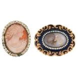 A Victorian split pearl, gold and enamel mourning brooch, inset hair, the reverse engraved In memory