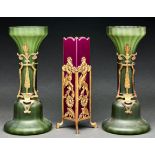 A Continental crimson majolica square vase and contemporary giltmetal stand, c1900, 27cm h and a