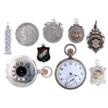 Two silver open face or half hunting cased keyless lever watches, the latter with black dial,