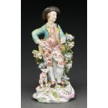 A Derby figure of a Garland Shepherd, c1770, in a green jacket, pink waistcoat and flouretted