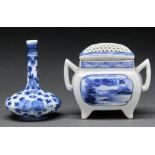 A Japanese blue and white koro and cover, 20th c, the sides painted with a landscape, 10cm h and a