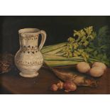 * Duranty - Still life with fish onions eggs and celery by a faience jug, signed, oil on canvas,