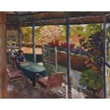 British School, 1944 - Playing Patience  on a Veranda, India, signed A R Legh (?) and dated,  oil on