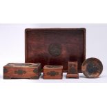 A Chinese hongmu desk set, early 20th c, the pierced and engraved brass mounts including bats and