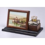 A walnut and ebonised inkstand, c1900, with brass mounted cut glass inkwell, 30cm l Minor knocks and