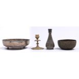 An Indian silvered brass four footed bowl, early 20th c, 22cm diam, another Indian brass bowl and