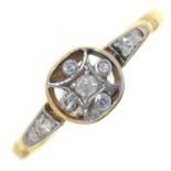 A diamond cluster ring, in gold marked 18ct, 2.7g, size P Worn