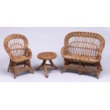 Miniature furniture. A wicker settee, chair and table, early 20th c, settee 35cm l Probably from a