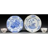 Two Chinese export famille rose tea bowls and two blue and white plates, late 18th c, largest