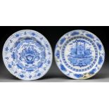 Two English Delftware dishes, c1770, painted with a central flower filled basket bordered by