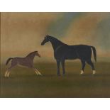 English Naive Artist - Mare and Foal, oil on canvas, 57 x 72cm Restored, lined, minor scratch