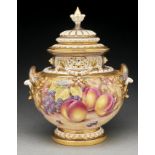 A Royal Worcester fruit painted pot pourri vase and cover, c1970, continuously painted by Freeman,