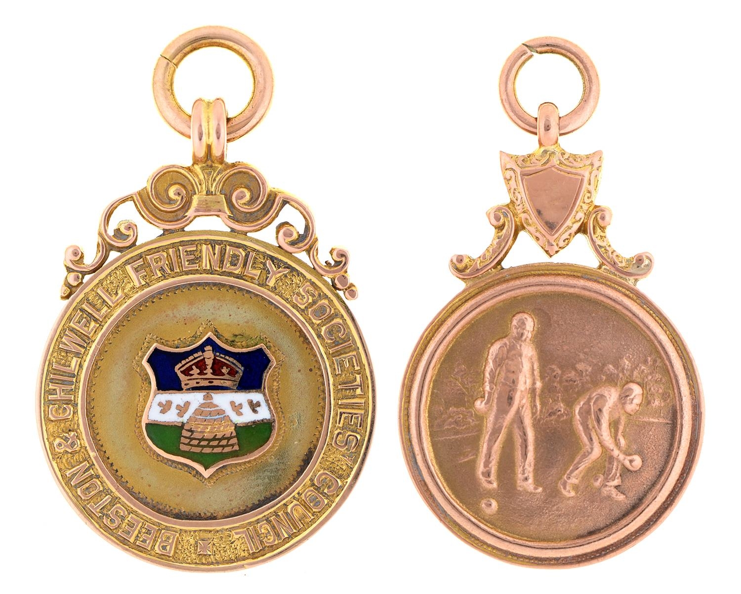 Two 9ct gold watch fob medals, one enamelled, 22 and 25mm diam, both Birmingham, 1930 and 1932, 15.