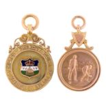 Two 9ct gold watch fob medals, one enamelled, 22 and 25mm diam, both Birmingham, 1930 and 1932, 15.