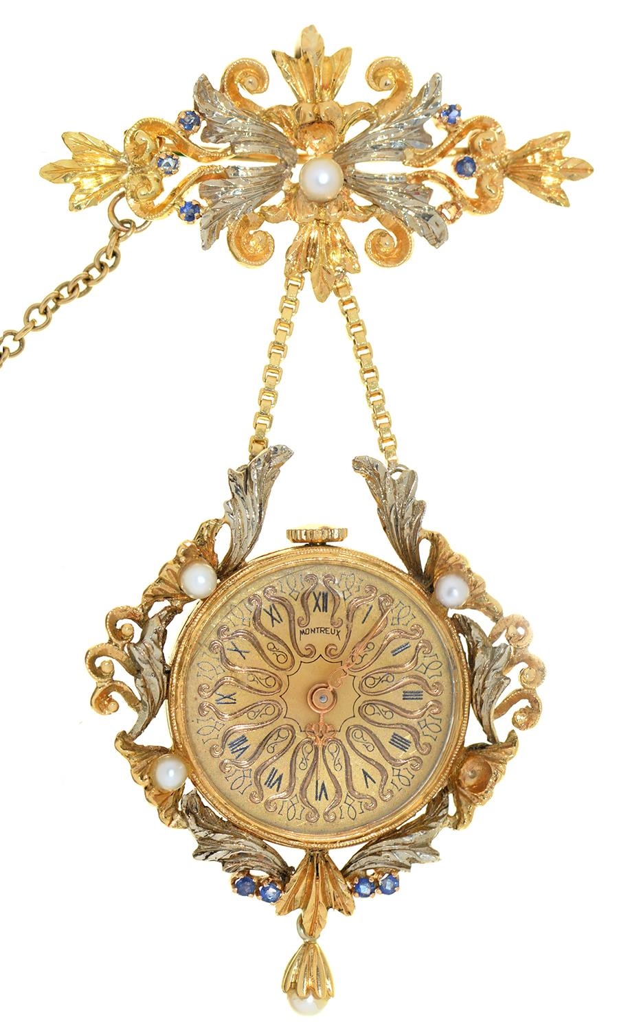 A Montreux sapphire and cultured pearl pendant watch, in two colour gold, mechanical movement, 69mm,