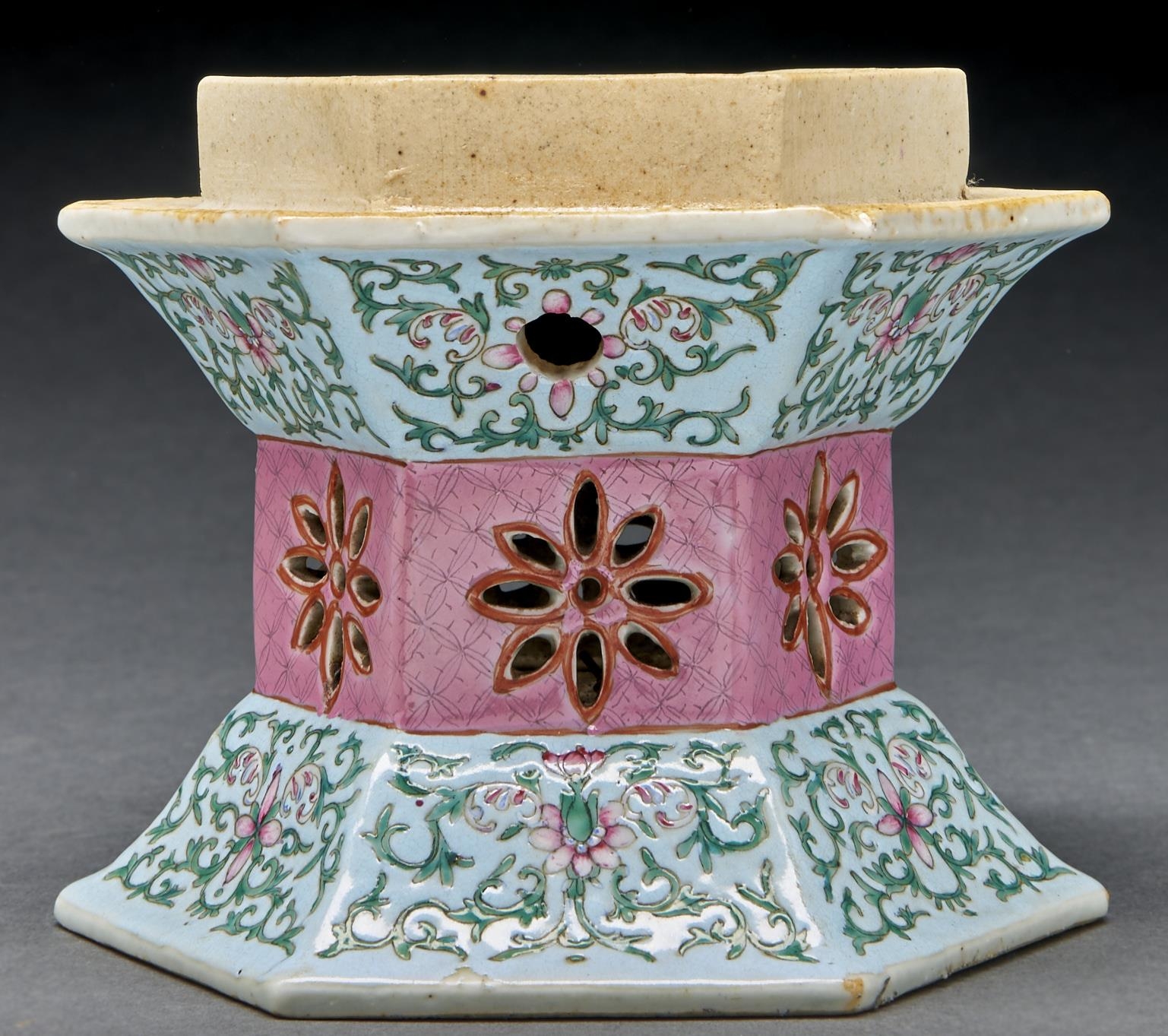 A Chinese hexagonal pink and turquoise ground famille rose lantern stand, 11.5cm h, commendation