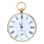 A gold cylinder watch, late 19th c, with enamel dial in engine turned case, 42mm, unmarked In