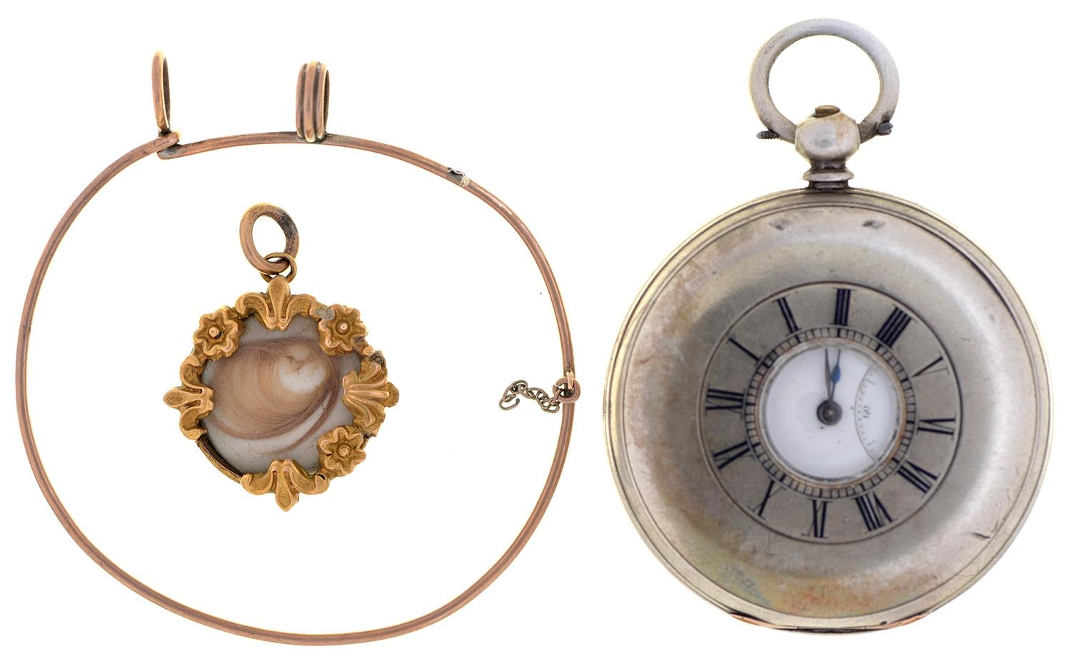 A Swiss silver half hunting cased cylinder watch, late 19th c, 47mm, a gold coloured wire bangle, 4g