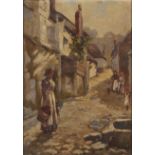 F L Baines, 19th/early 20th century - Fetching Water, signed, oil on canvas laid on board, 34 x 24cm