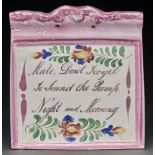 A Sunderland lustre plaque, c1860, inscribed 'Mate Don't Forget to Sound the Pump Night and Morning'