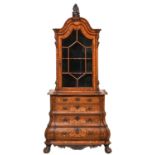 A Dutch walnut and floral marquetry cabinet-on-chest, late 19th c, the arched pediment crested by