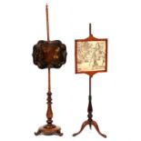 A Victorian mahogany pole screen, with painted papier mache banner, 149cm h and another, smaller