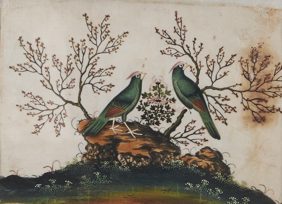 Three Chinese rice paper paintings, early 19th c,  birds in branches, 18 x 25cm Somewhat stained and - Image 3 of 6