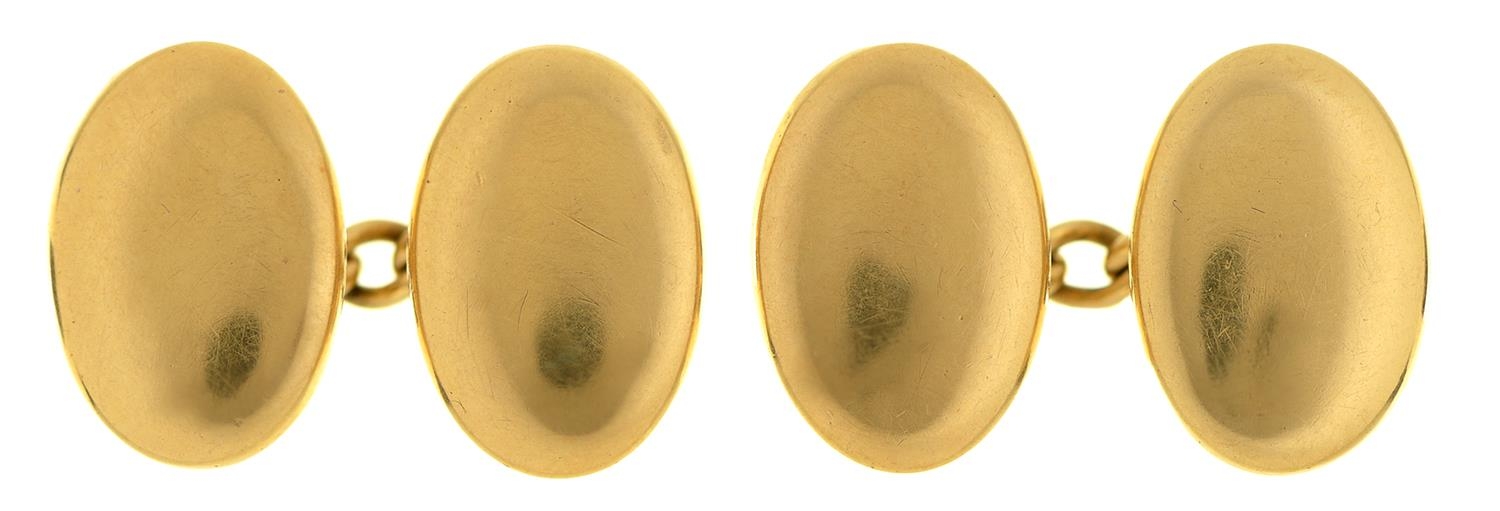 A pair of gold cufflinks, 16mm, mark of the Goldsmiths & Silversmiths Co Ltd and 18ct, 7.2g Good