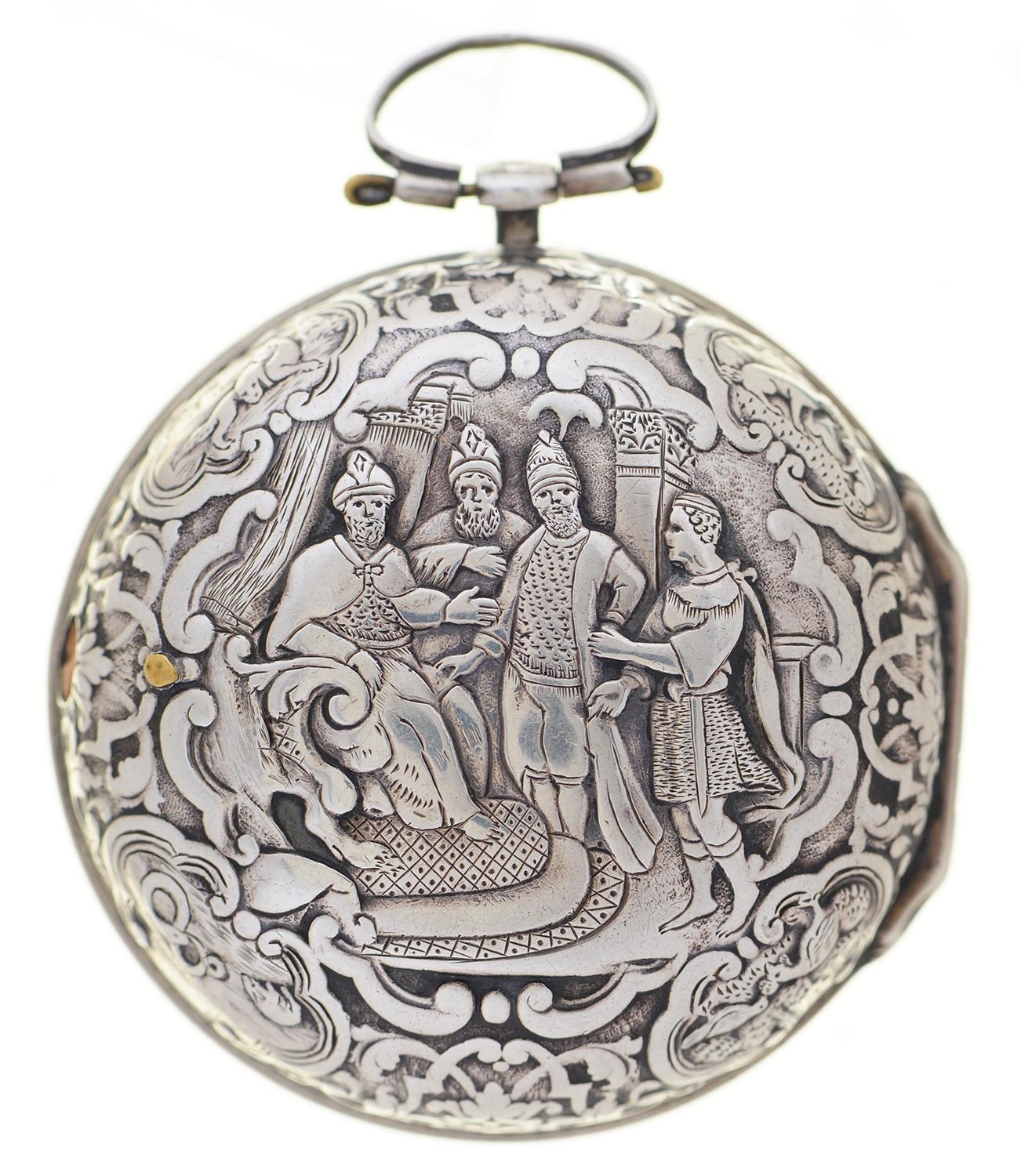 A pair cased silver verge watch, 18th c, the enamelled Dutch style dial with filigree hands, - Bild 2 aus 5