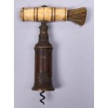 A Victorian brass Thomason type double action corkscrew, with turned bone handle and brush,