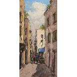 V Pietra, 20th century - Figures in a Narrow  Street,  signed, oil on canvas, 59.5 x 29.5cm Good