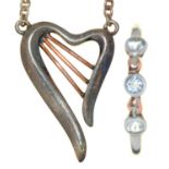 A Welsh gold and silver gem set ring and harp necklet, both marked Clogau, maker's box and
