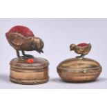 A gilt brass ladybird and chick novelty combination pin cushion and trinket box and another,  egg