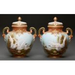 A pair of Royal Worcester scroll handled pot pourri vases and covers, 1899, painted by C Baldwyn,