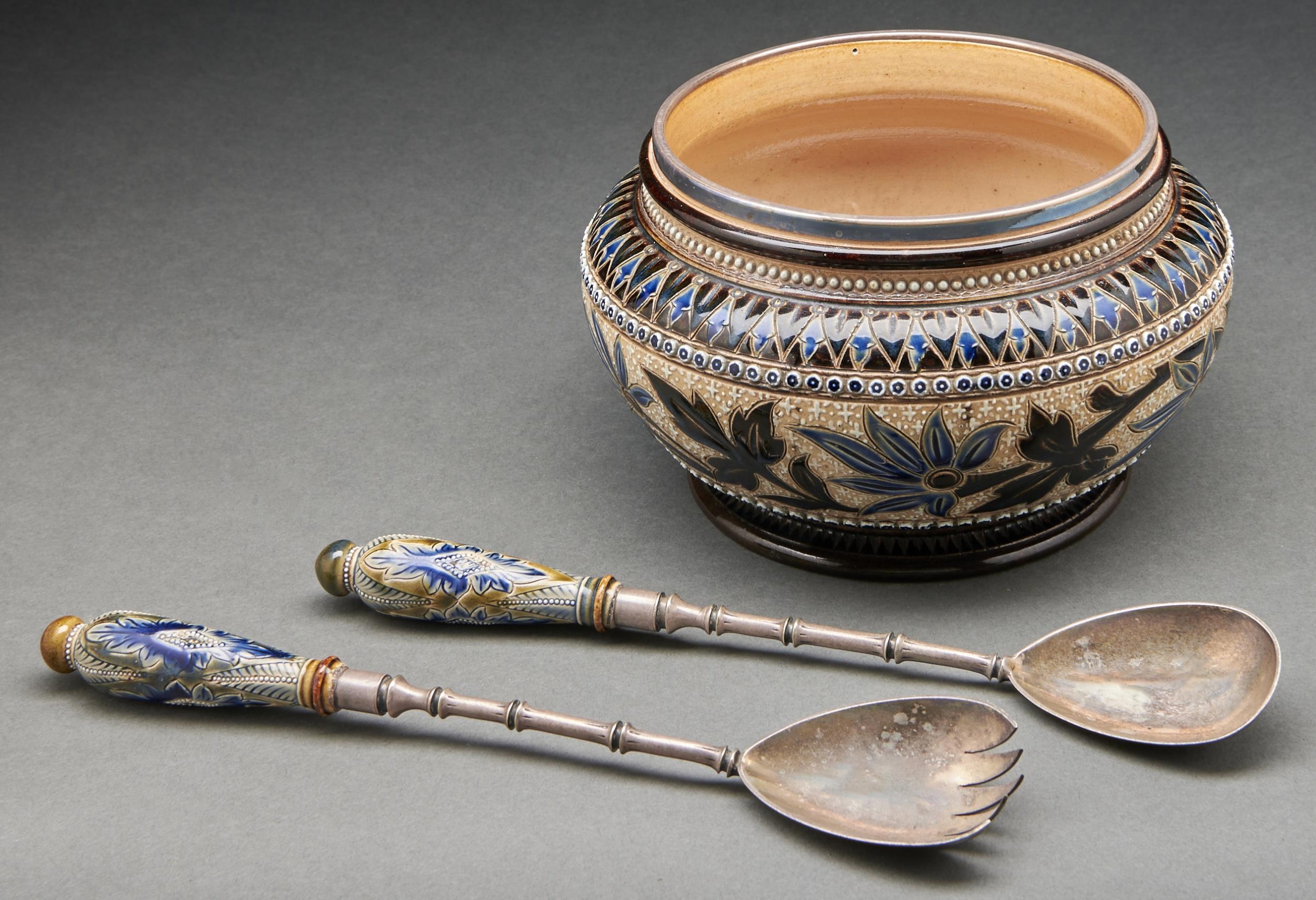 An EPNS mounted Doulton ware salad bowl, 1879, decorated by Louisa E Edwards with a band of stylised