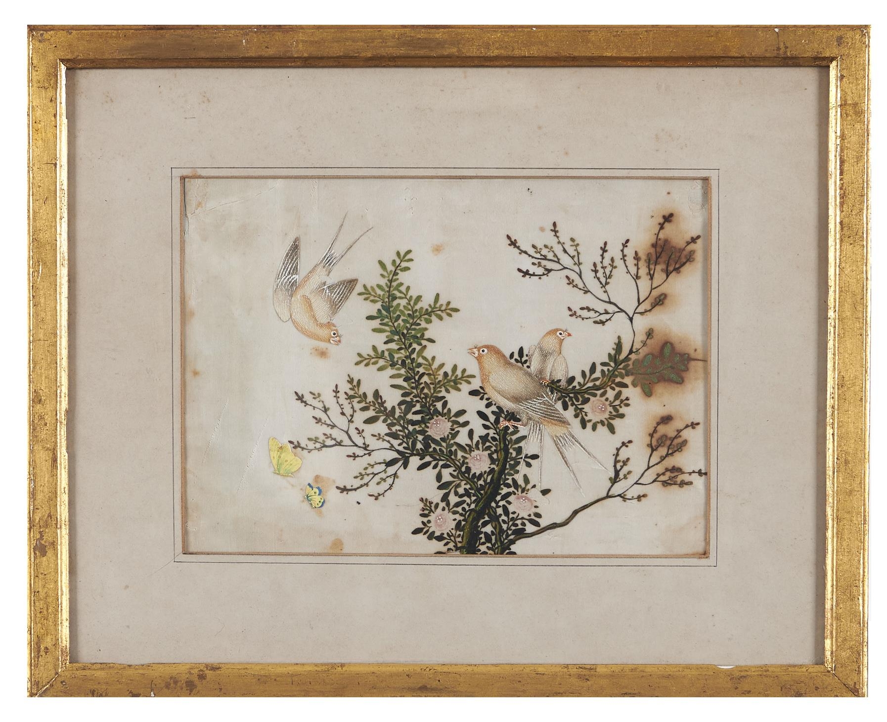 Three Chinese rice paper paintings, early 19th c,  birds in branches, 18 x 25cm Somewhat stained and - Image 4 of 6