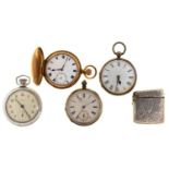 Two silver lever watches, English and Swiss, 19th c, two others, one hunting cased and a silver