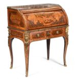 A French kingwood, tulipwood, marquetry and penwork desk, bureau a cylindre, 19th c, in Transitional