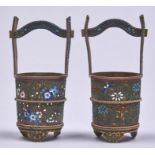 A pair of Chinese cloisonne enamel and copper spill vases in the form of a well bucket, 19th / early