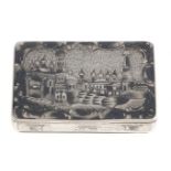 A Russian niello snuff box, the lid and underside decorated with city views in shaped borders, the