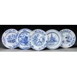 Five English Delftware plates, Lambeth, c1770, variously painted with a comical bird, peony and rock
