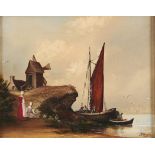 British School, 20th c - Fishing Boats at Sea; Dutch Fisherfolk on the Coast, a pair, both signed "K