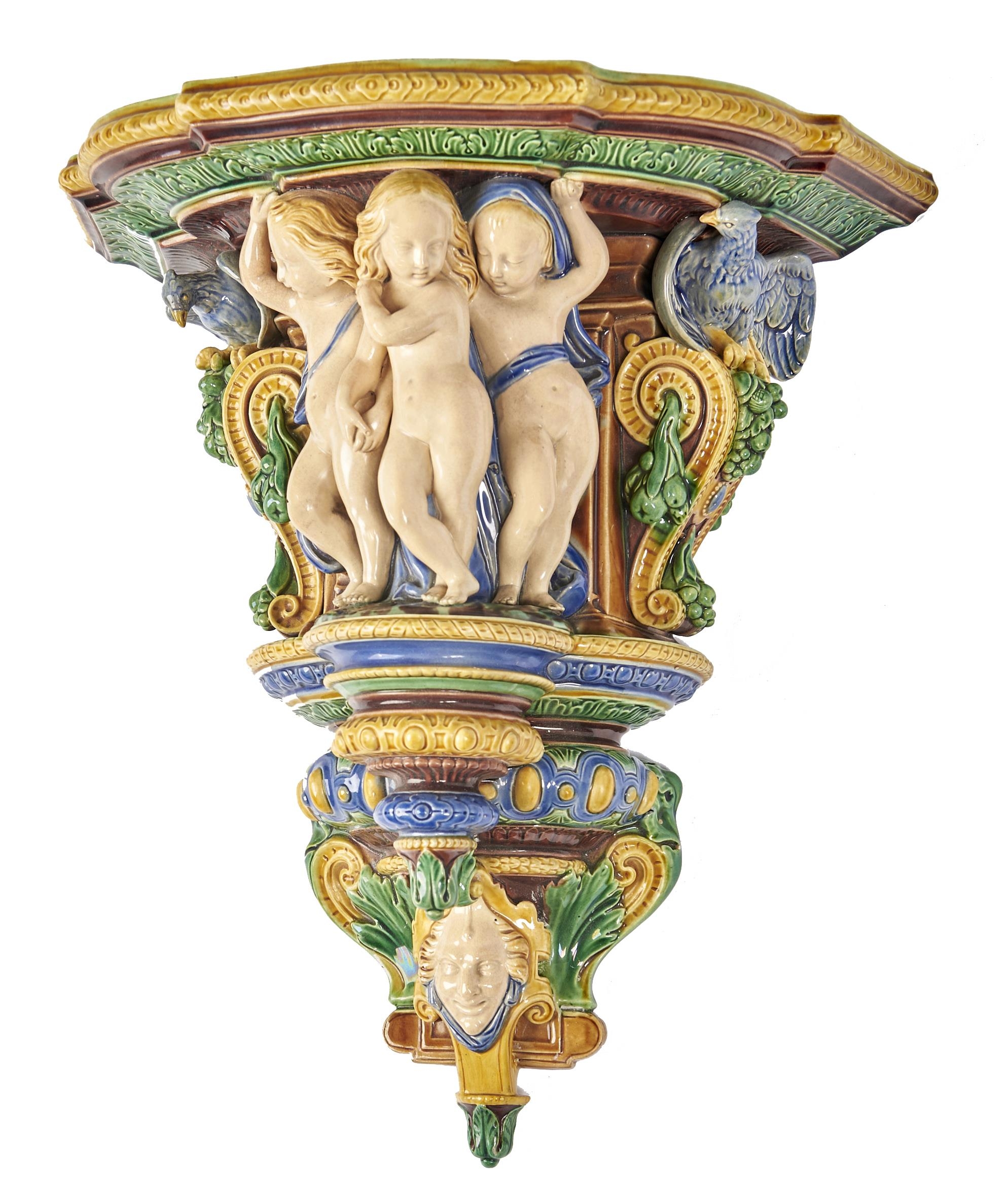 A Minton majolica 'large French' wall bracket, c1870, 36cm h, impressed 388 Good condition