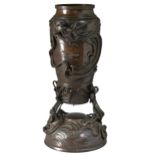 A Japanese bronze vase and stand, Takayoshi, Kyoto, Meiji period, chiselled and applied with dragons