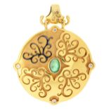 An emerald and diamond pendant, in gold, 54mm overall, marked 750, 20g Light wear scratches