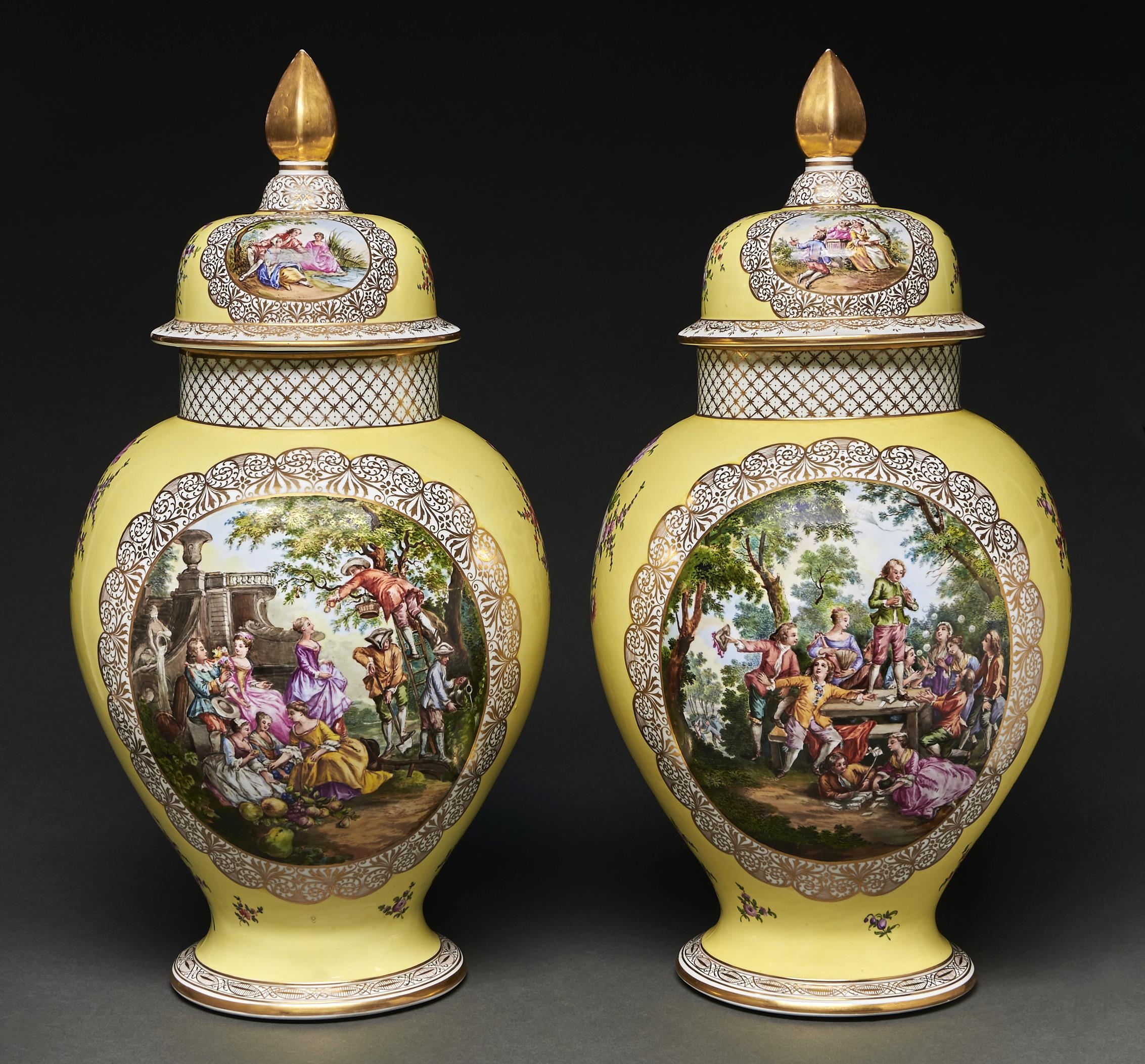 A pair of German yellow ground jars and covers, Dresden decorated,  Helena Wolfsohn, early 20th c,